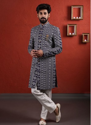 Thread Work Navy Blue Wedding Wear Indowestern