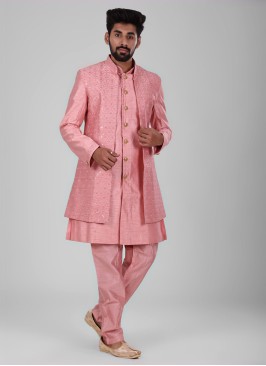 Thread Work Nehru Jacket Set In Peach Color