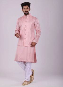 Thread Work Nehru Jacket Set In Pink Color