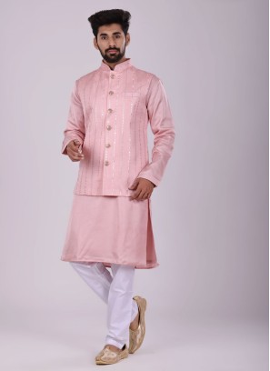 Thread Work Nehru Jacket Set In Pink Color