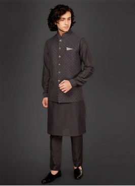 Thread Work Nehru Jacket Suit In Black Color