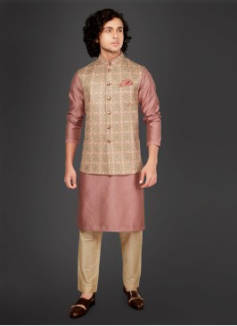 Thread Work Nehru Jacket Suit In Onion Pink Color