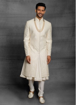 Thread Work Off White Sherwani For Men