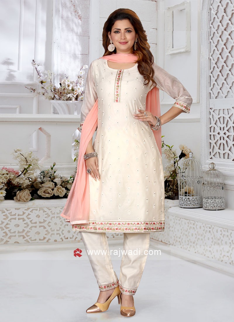 RUDRAPRAYAG Net & Santoon Salwar Suits For Women L Semi Stitched Salwar Suit,  Beige Free Size : Amazon.in: Fashion