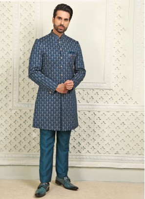 Thread Work Peacock Blue Indowestern For Men