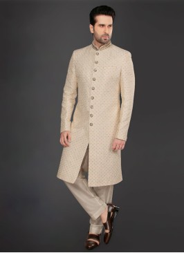 Thread Work Sherwani In Cream Color