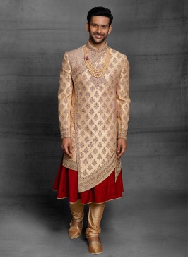 Thread Work Sherwani In Golden Color