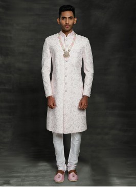 Thread Work Sherwani In Light Pink Color