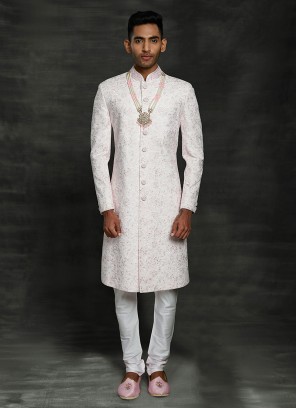 Thread Work Sherwani In Light Pink Color