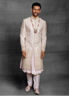 Thread Work Sherwani In Off White