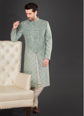 Thread Work Sherwani In Powder Blue Color