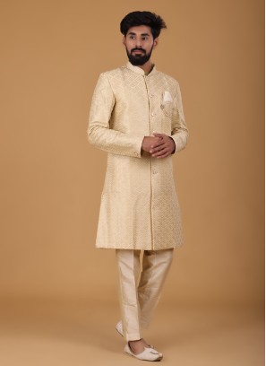 Thread Work Silk Indowestern In Golden Cream Color