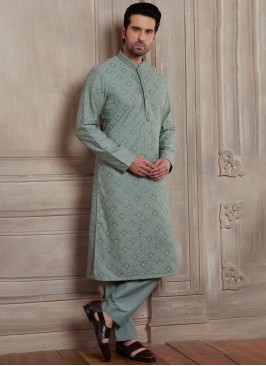 Thread Work Silk Kurta Pajama In Pista Green Color