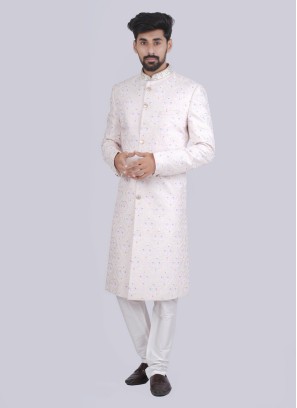 Thread Work Silk Sherwani In Cream Color