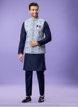 Thread Work Navy Blue Nehru Jacket Set For Men