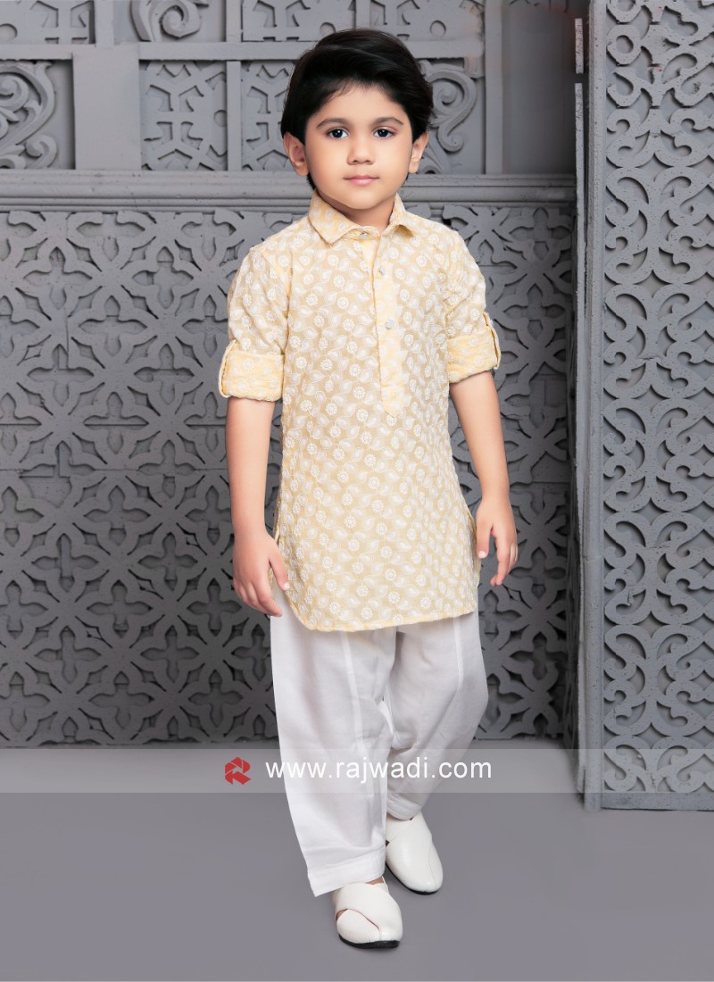 Thread Work Yellow And White Color Pathani Suit