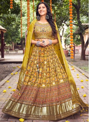 Gorgeous Shaded Brass Green Printed Lehenga Choli