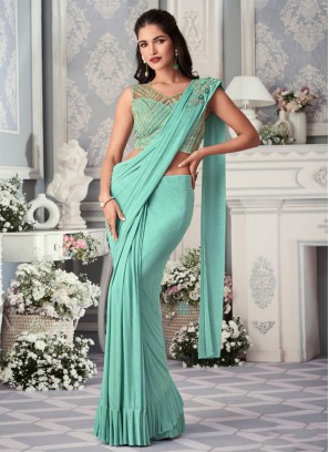 Sea Green Lycra Ready-to-Wear Designer Saree