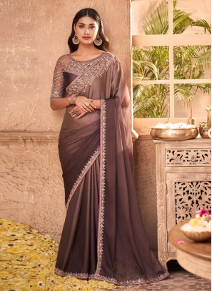 Thrilling Silk Brown Embroidered Shaded Saree