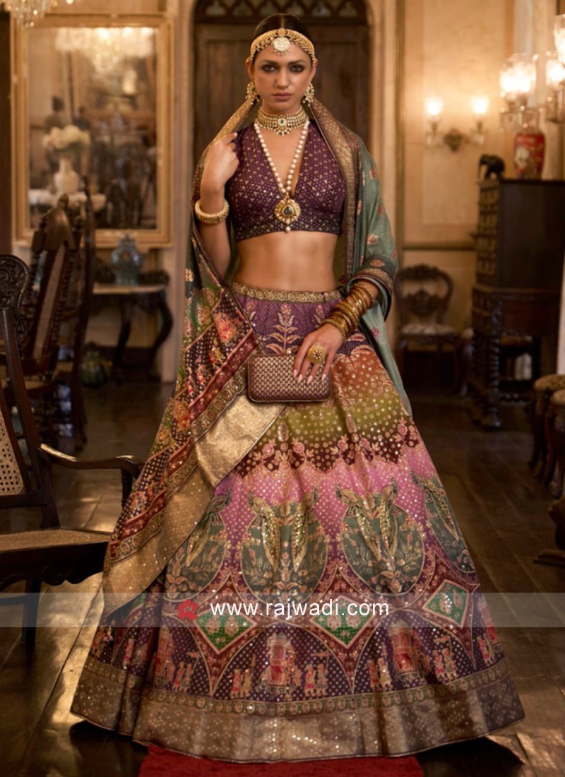 Buy Dazzling Brown Mirror Work Rajwadi Silk Wedding Wear Lehenga