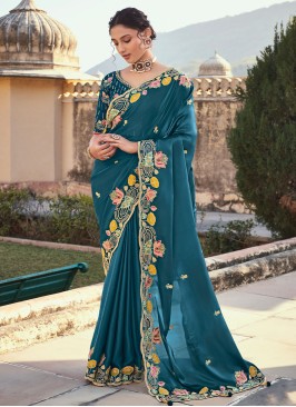 Peacock Blue Organza Satin Silk Embroidered Saree