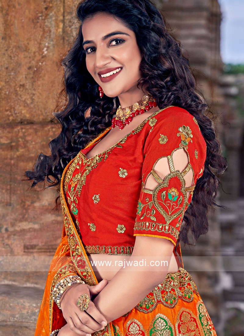 Buy Pretty Orange Banarasi Silk Designer Lehenga Choli | Designer Lehenga  Choli