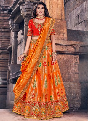Orange Banarasi Silk Lehenga Choli