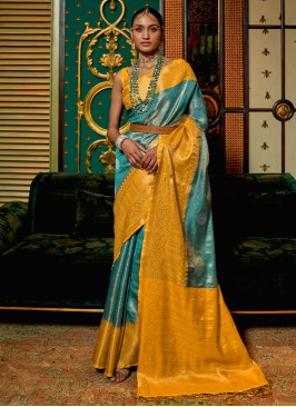 Gorgeous Yellow and Blue Woven Silk Saree