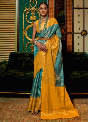 Gorgeous Yellow and Blue Woven Silk Saree