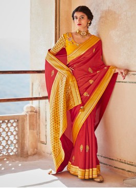 Tomato Color Woven Art Silk Saree