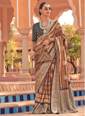 Dark Grey and Brown Classic Kachhi Silk Saree