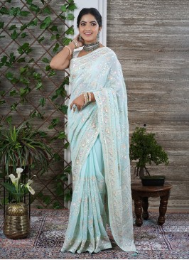 Traditional Aqua Green Chiffon Saree