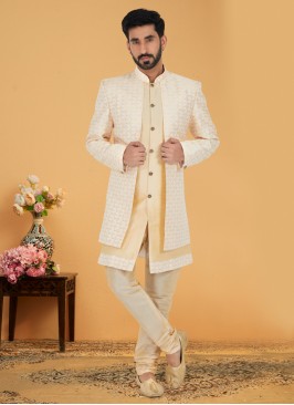 Traditional Beige Jacket Style Indowestern Set