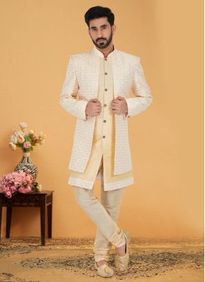 Traditional Beige Jacket Style Indowestern Set