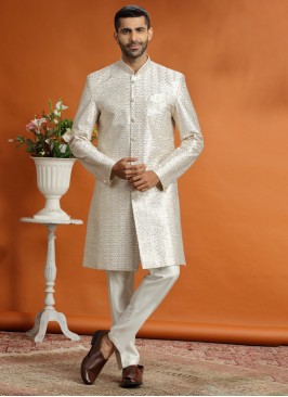 Traditional Cream Silk Indowestern For Men