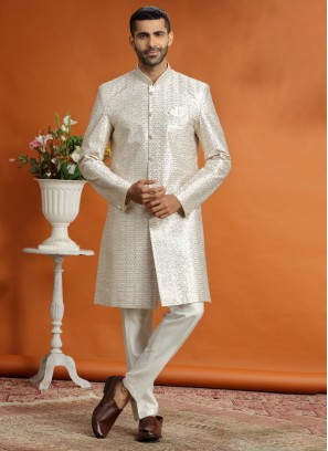 Traditional Cream Silk Indowestern For Men