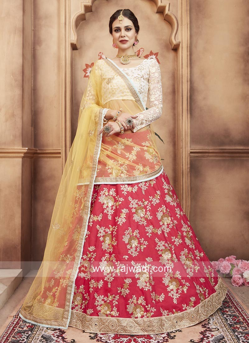 Lime Green Floral Printed Lehenga in Organza with Sequins Work