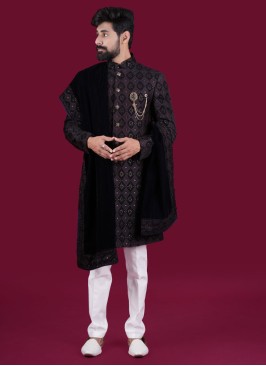 Traditional Navy Blue Indowestern In Raw Silk