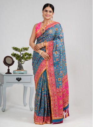 Traditional Peacock Blue Silk Saree For Wedding