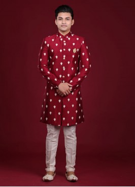 Traditional Raw Silk Designer Maroon Indowestern