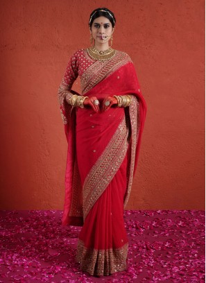 Traditional Deep Red Organza Bridal Saree