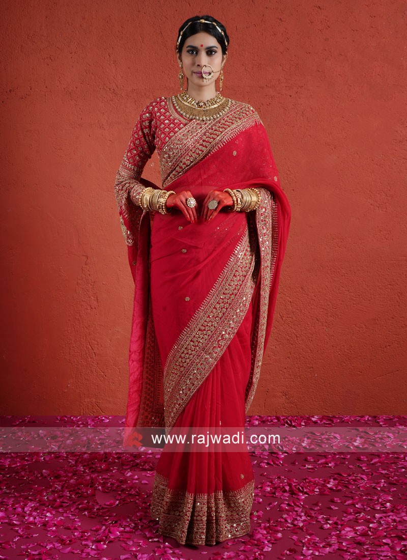 traditional red color georgette saree for bride 43443