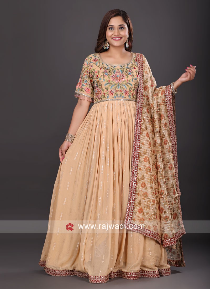 Mangaldeep Long Function Wear Beige Color Anarkali Salwar Suit With Zari  Embroidery Work in Valsad at best price by Mangaldeep - Justdial