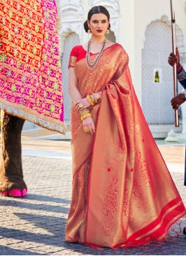 Elegant Crimson Zari Woven Ethnic Silk Saree