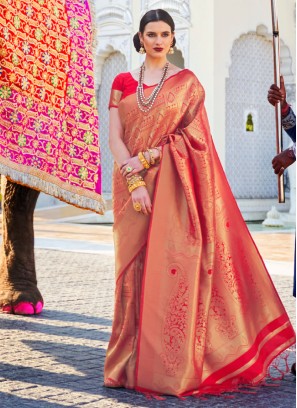 Elegant Crimson Zari Woven Ethnic Silk Saree