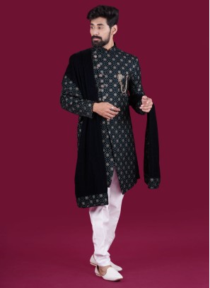 Traditional Wear Dark Navy Blue Indowestern In Velvet