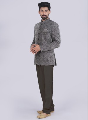 Traditional Wear Grey Velvet Jodhpuri Suit