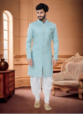 Traditional Wear Jacquard Silk Indowestern Set For Men