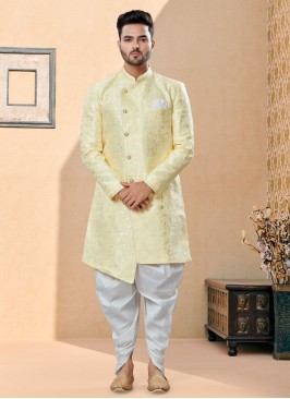 Traditional Wear Jacquard Silk Indowestern Set For Men