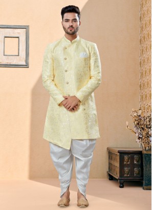 Traditional Wear Jacquard Silk Indowestern Set For Men